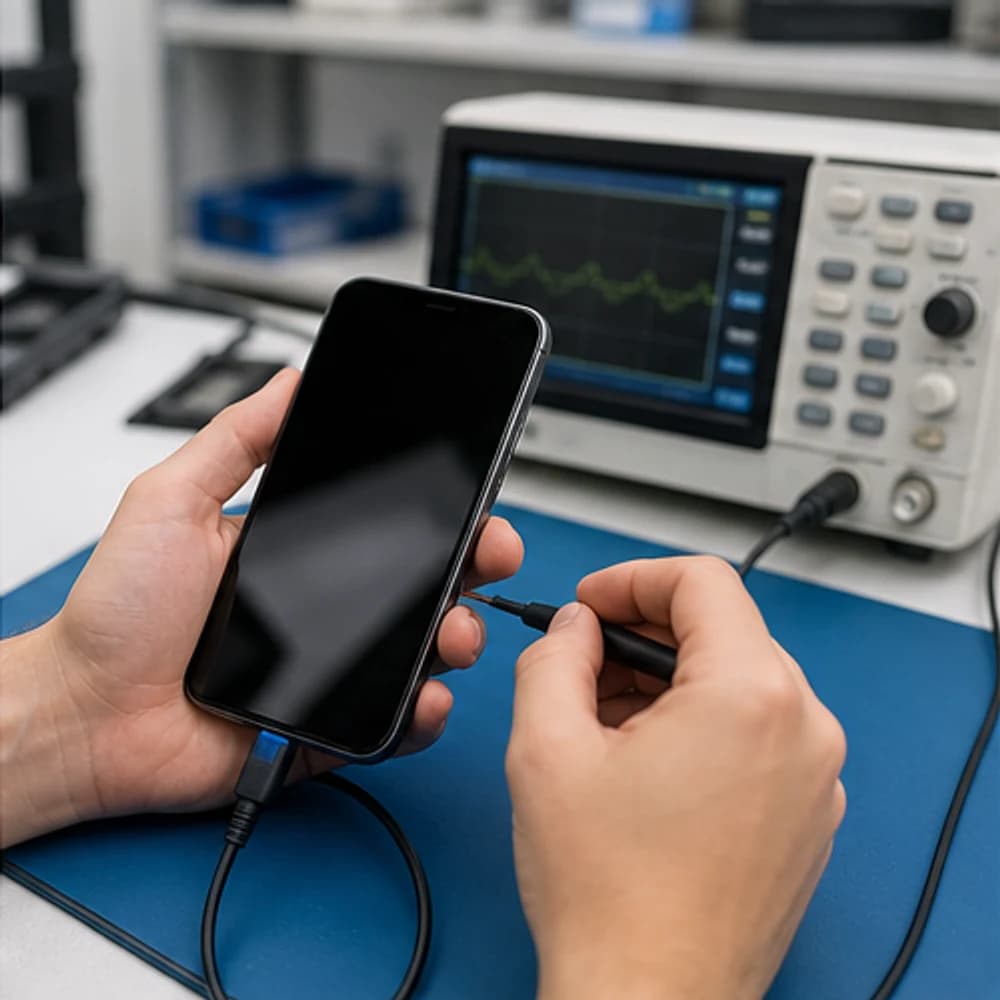 A technician running diagnostics on a refurbished device